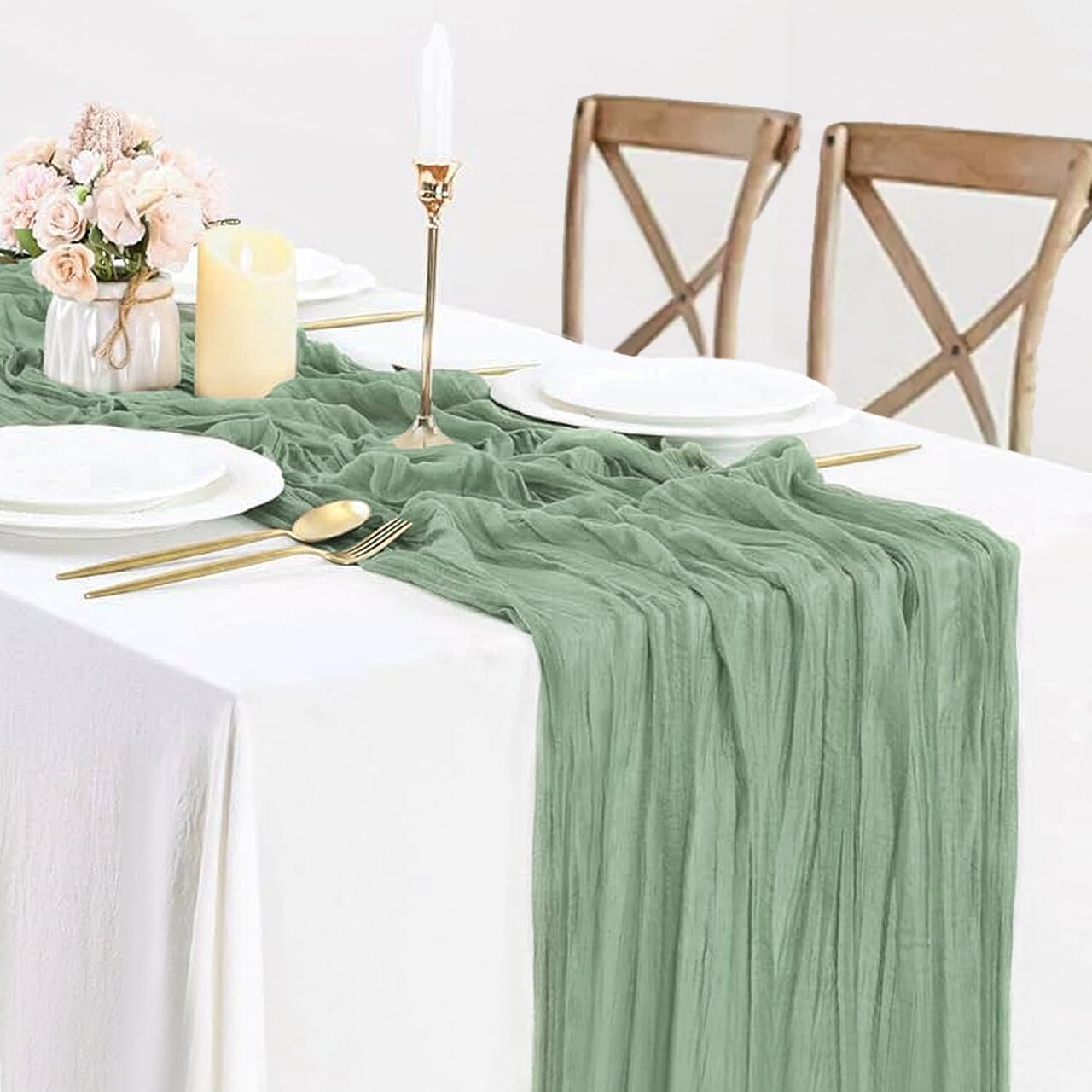 Sage Green Cheesecloth Table Runner, 10ft Gauze Table Runner Boho Green Table Cloth(Sage Green)120"L x 35"W